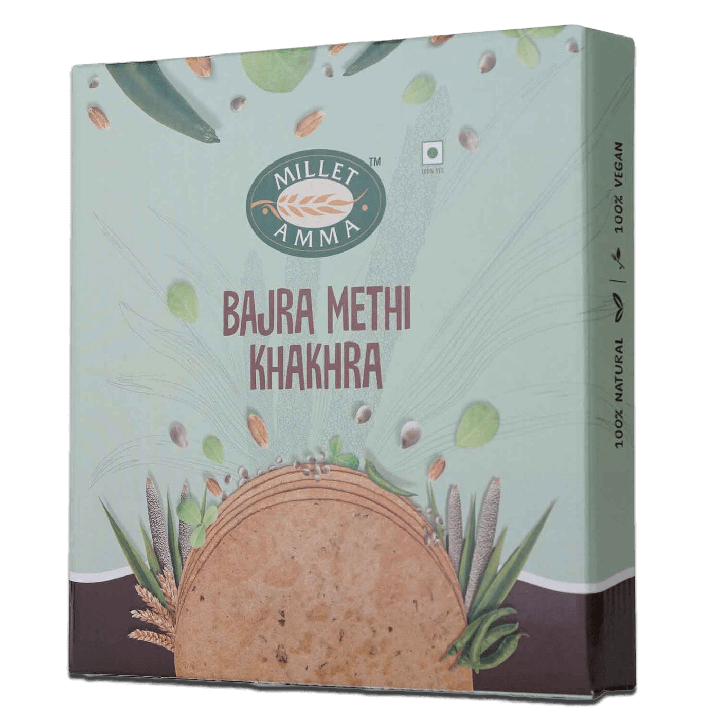 Millet Amma’s Bajra Methi Khakhra- A millet based, savoury cracker, introducing you to Millet Amma’s Bajra Methi Khakhra.  Made with Whole Wheat Flour, Bajra Millet, Methi Leaves, Rice Bran Oil and Green Chili.  Unlike other khakhras, Amma’s bajra khakhra is baked and not fried in oil. Crunchy and melt in your mouth this khakhra is perfect for guilt-free binging.