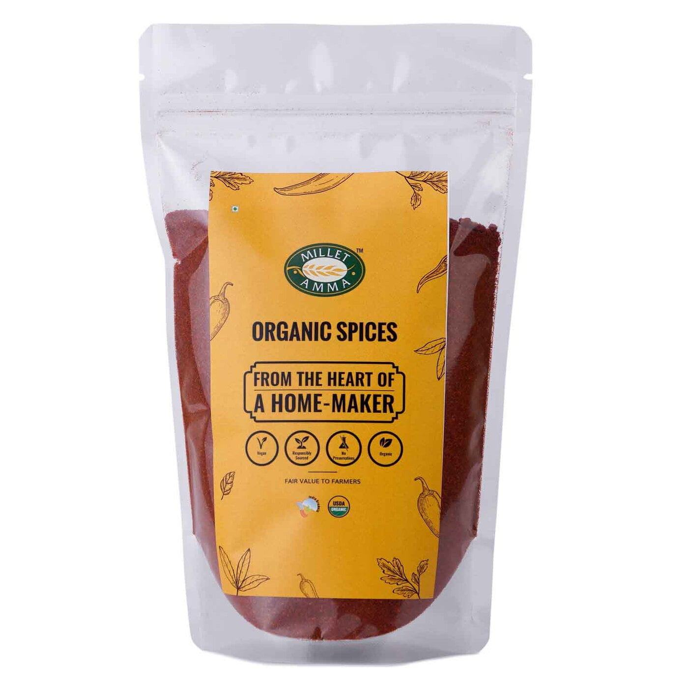 Milletamma’s red chili powder is hot and tantalising to your taste buds, it is spicier than Byadgi Chili and a little amount is sufficient to make your food spicy.  It is made up of ethically grown Guntur red ibergrounded and pulverized into a fine powder.