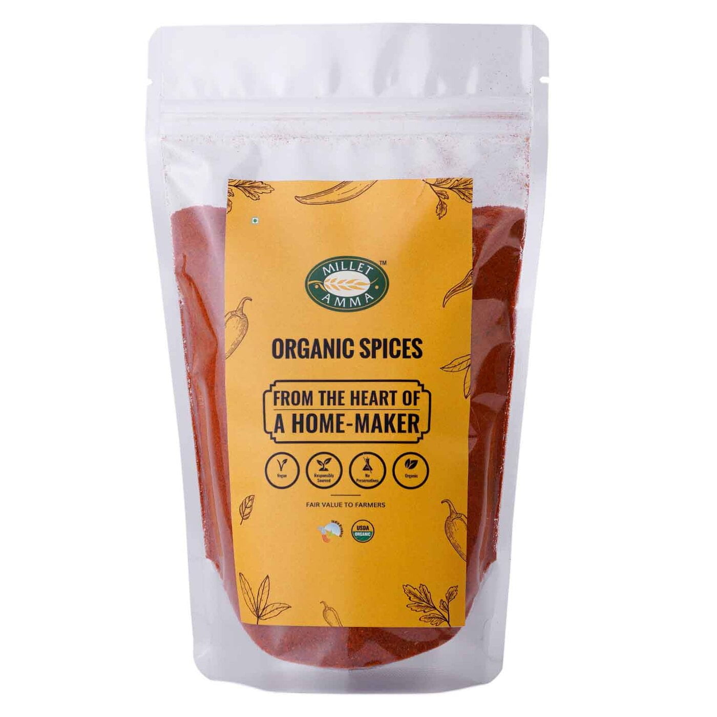 Milletamma’s red chilli powder is red, hot and tantalizing to your taste buds.  Byadagi chilli is also known for its deep red colour and is less spicier than Guntur Chili  It is made up of ethically grown Byadgi red chillies grounded and pulverized into a fine powder.