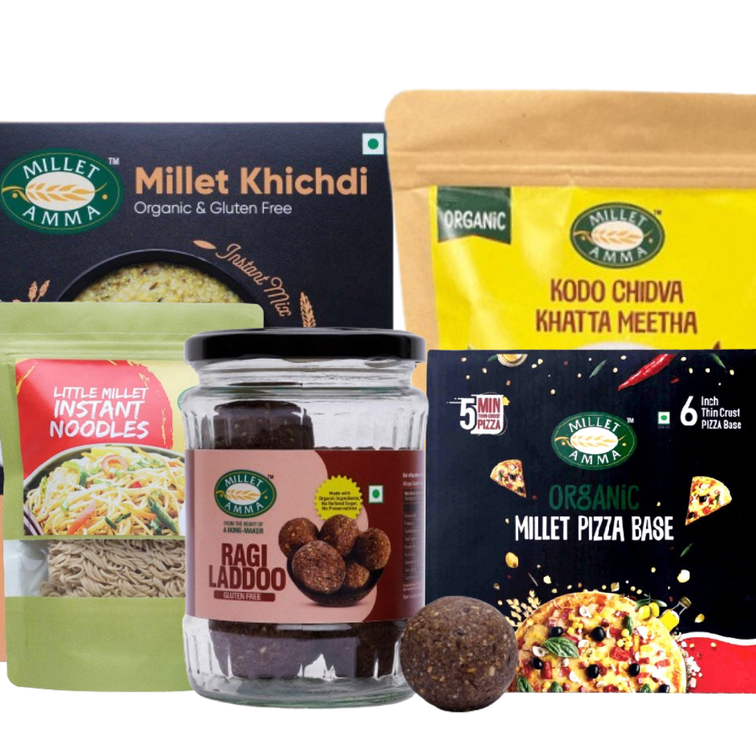 Millet Starter Kit -  Ragi Ladoo + Pizza Base + Little Millet Instant Noodles + Kodo Khatta Meeta Chivda + Millet Khichdi Mix