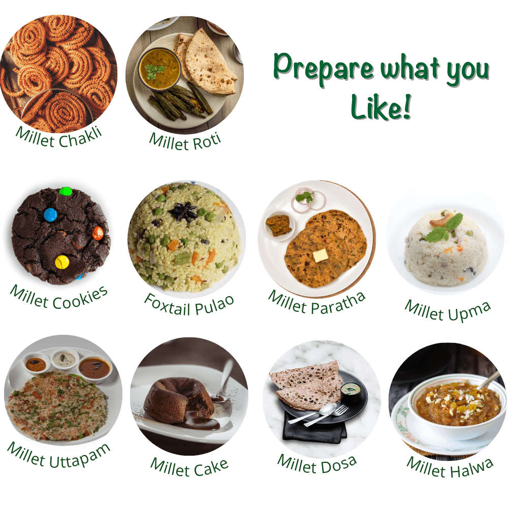 Millet Amm Diabetic Friendly Millet Combo No. 3 - Siridhanya Rava Combo of 500gram each+Millet Rava Dosa mix+Little Millet Noodles+Jowar Bhakri+Bajra methi khakra