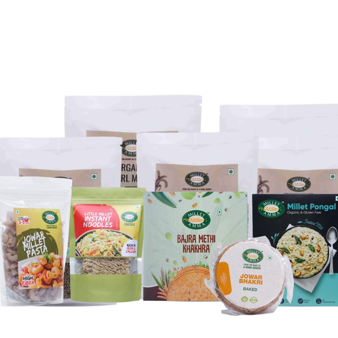 Millet Amma Diabetic Friendly Millet Combo No. 1 - Siridhanya Grain of 500gram Each+Millet Pongal Mix + Little millet Instant Noodles + Jowar Bhakri + Bajra Methi Khakra + Jowar pasta