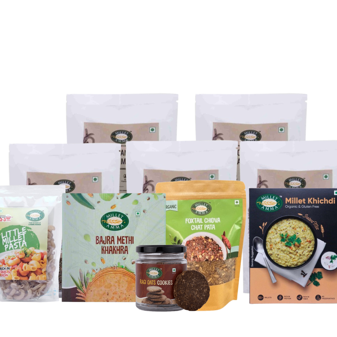 Millet Amma NutriEssence Combo 1 - Siridhanya Grain Combo of 500gram Each+Millet Khichdi Mix+Little millet pasta+Foxtail chivda+Bajra Methi Khakra+Ragi Cookies