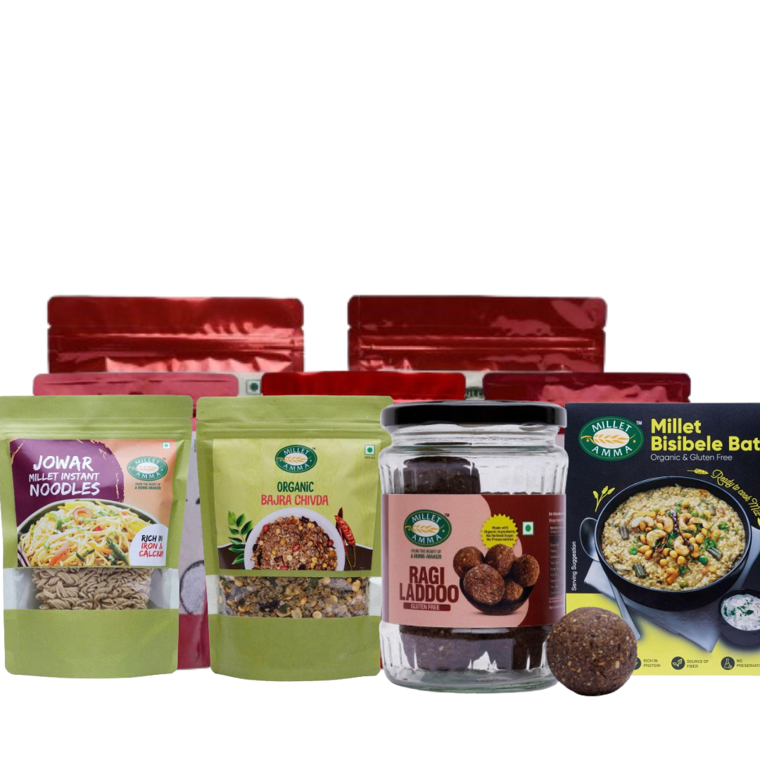 Millet Amma NutriEssence Combo 2 - Siridhanya Flour Combo of 500gram each+ Millet Bisibele bath Mix +Jowar Instant Noodles+Bajra Chivda+Ragi Laddu