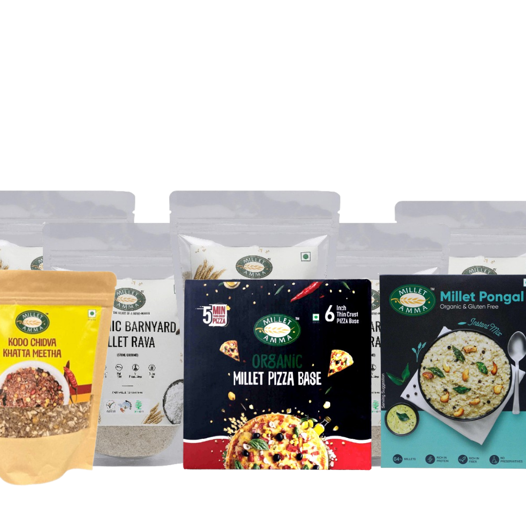 Millet Amma NutriEssence Combo 3 - Siridhanya Rava Combo of 500gram each+Pongal Mix  +Millet Pizza Base+Kodo Khatta Meeta Chivda