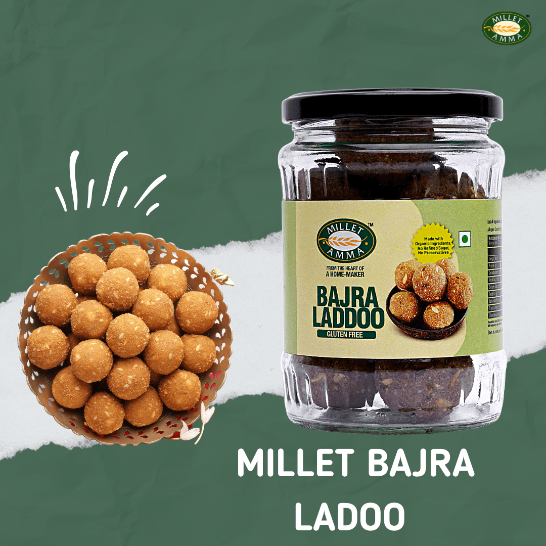 Millet Amma Best Seller Combo - Millet Laddoo Bajra Ladoo Jar 300 GMS + Ragi And Oats Cookies + Kodo Khatta Meeta Chivda 200 gm