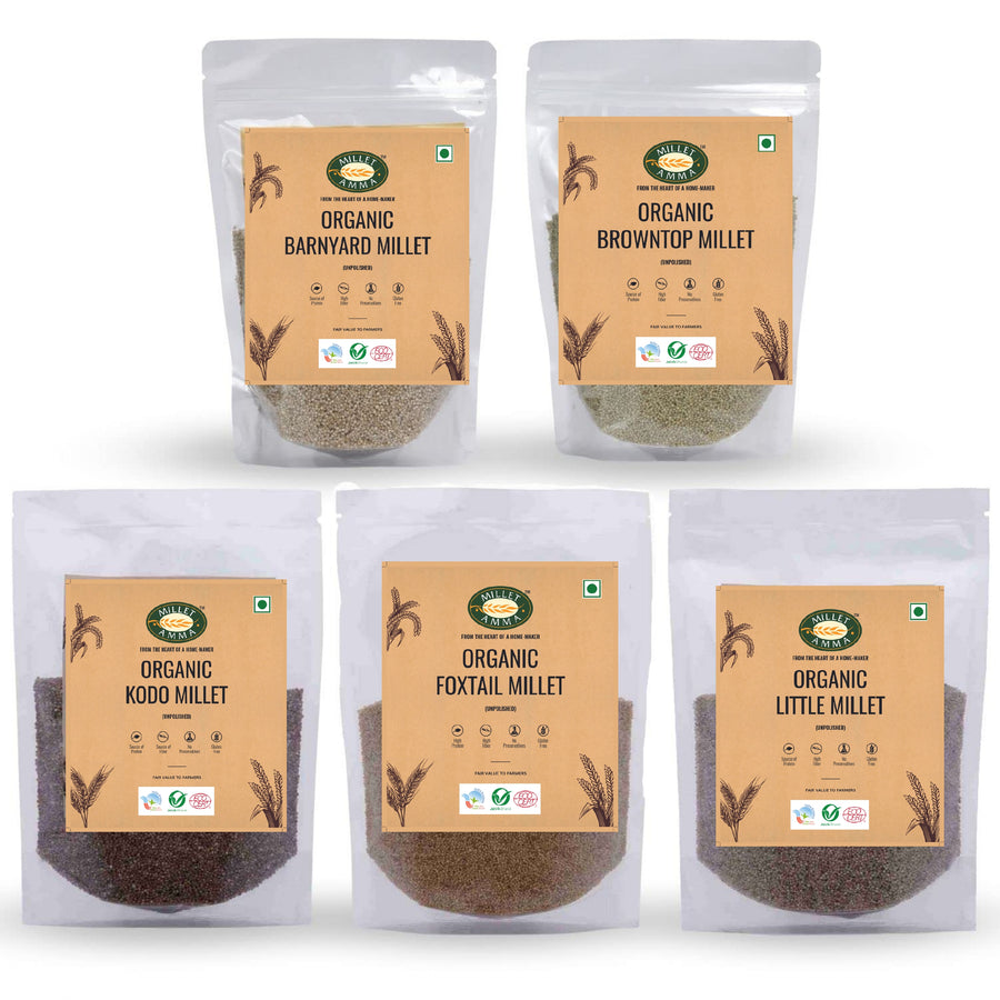 Siridhanya Grain Combo Organic Millet Pack of 5 (5kg-Each 1kg) | Positive Millets due to its balanced Nutritional Profile | Kodo , Foxtail, Little, Barnyard , Browntop Millets