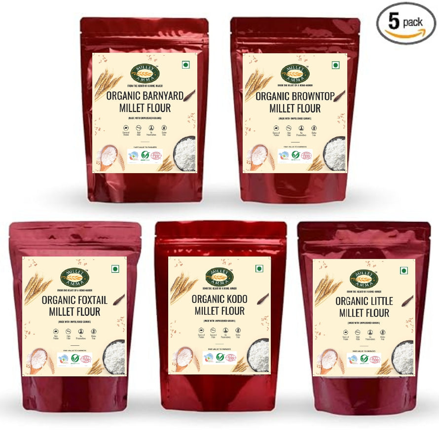 Siridhanya Flour Combo Organic Millet Pack of 5 (5 Kg - Each 1 Kg) | Positive Millets due to its balanced Nutritional Profile | Kodo , Foxtail, Browntop, Little, Barnyard.