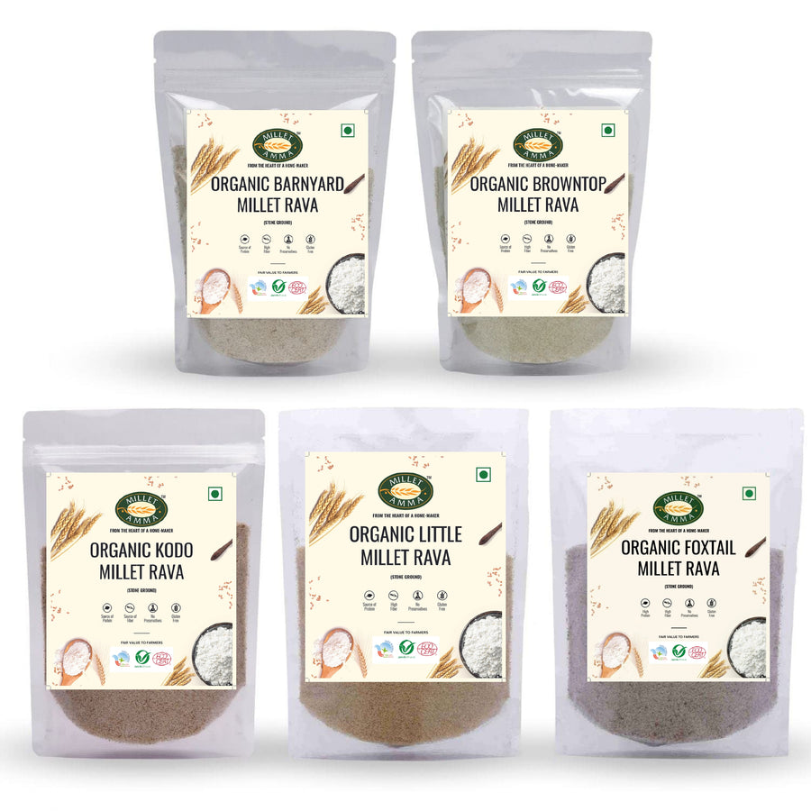 MILLET AMMA Siridhanya Rava Combo,CERTIFIED ORGANIC Millet Pack of 5-5Kg, Positive Millets due to its balanced Nutritional Profile, Kodo, Foxtail, Browntop, Little, Barnyard