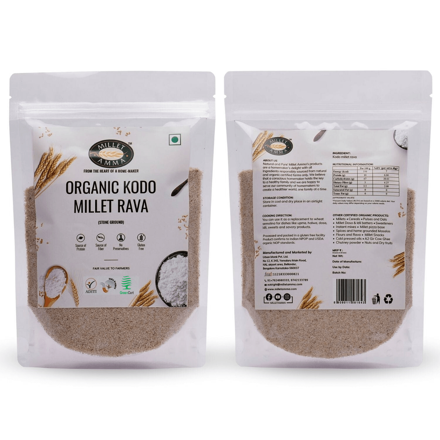 Kodo Millet Rava +Foxtail Millet Rava + Browntop Millet Rava + Little Millet Rava + Barnyard Rava - Millet Amma