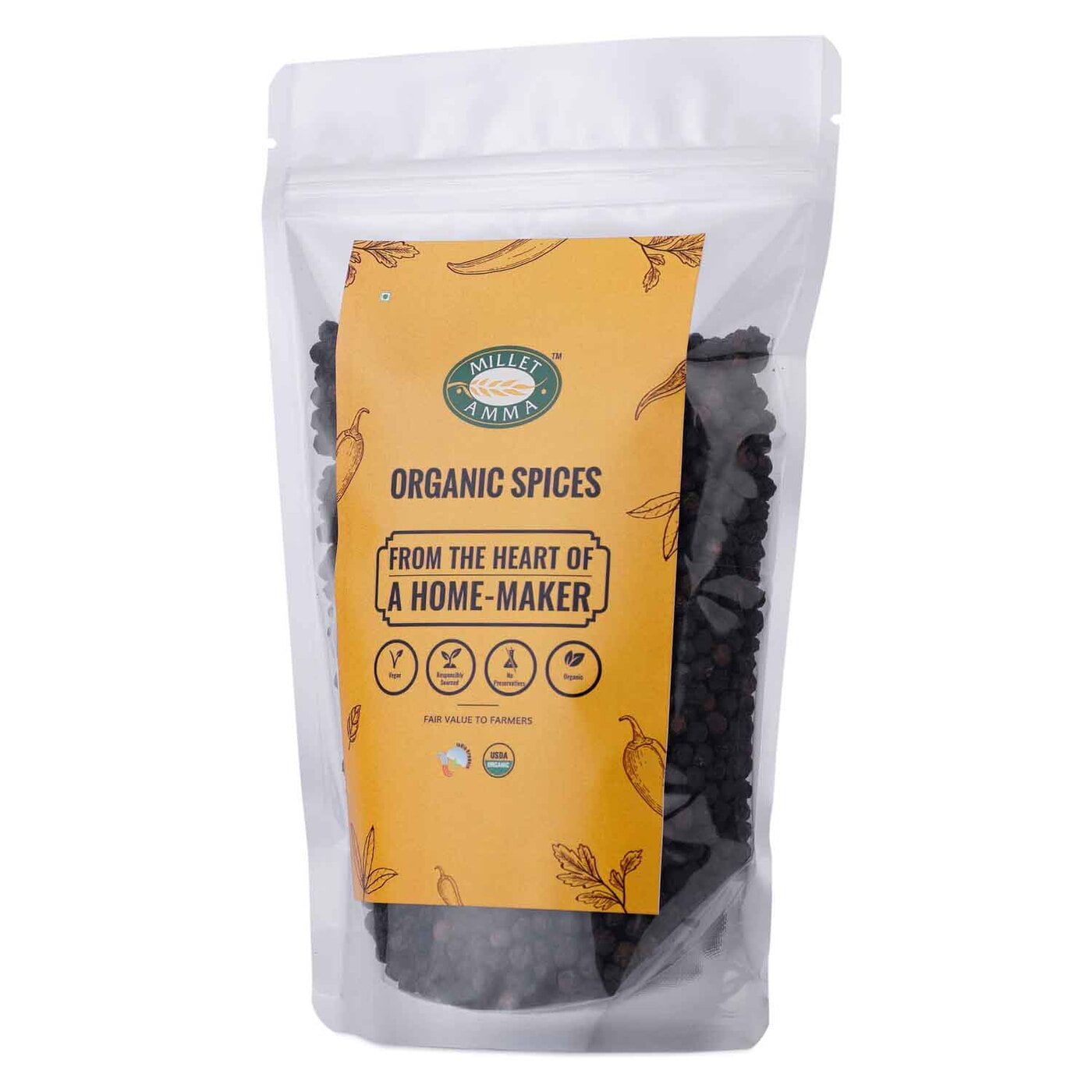 Milletamma’s Black Pepper Corns have Vitamin C, Vitamin A, Flavonoids, Carotenes and Antioxidants that help to protect the body from cancer and other diseases.  It works as an antibiotic that helps to cure cold and cough  It increases metabolism that helps to lose weight.