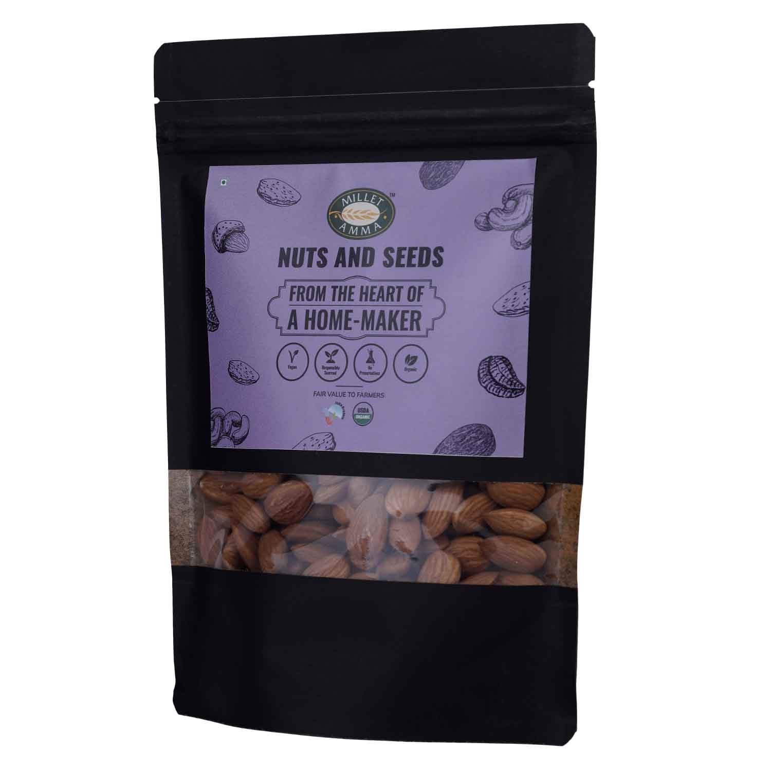 Millet Amma’s Organic Almonds (Badam)- Millet Amma’s Organic Almonds is a nutritious snack that you munch on guilt-free.  Almonds deliver a massive amount of nutrients. They are high in antioxidants, protein, fiber and calcium.  They have been proven to help cure spasms and pain.