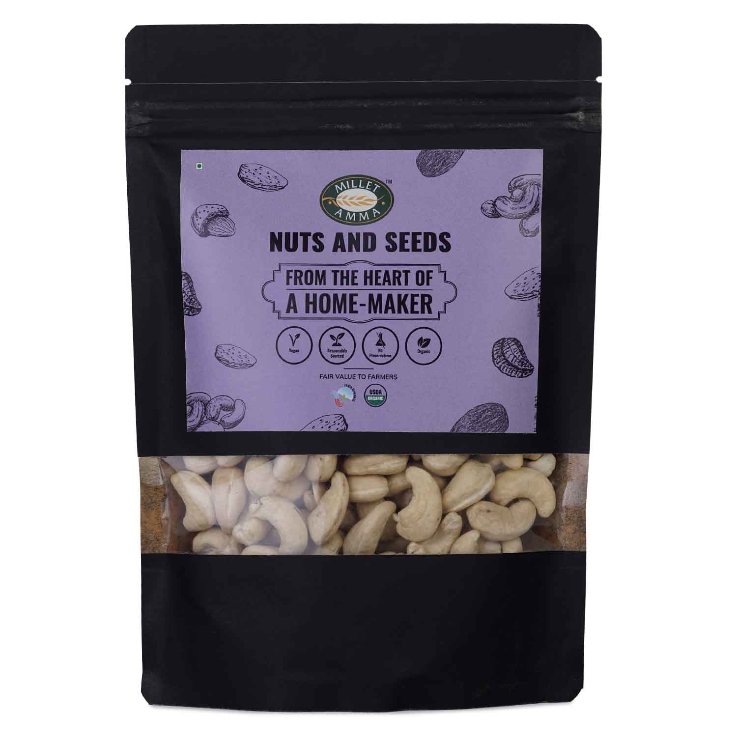 Milletamma’s cashews are rich in healthy fatty acids, proteins and antioxidants.  It contains numerous phytochemicals that helps in preventing cancer.  It contains MUFA (Mono Unsaturated Fatty Acids) like oleic, and palmitoleic acids that help in maintaining good heart health.