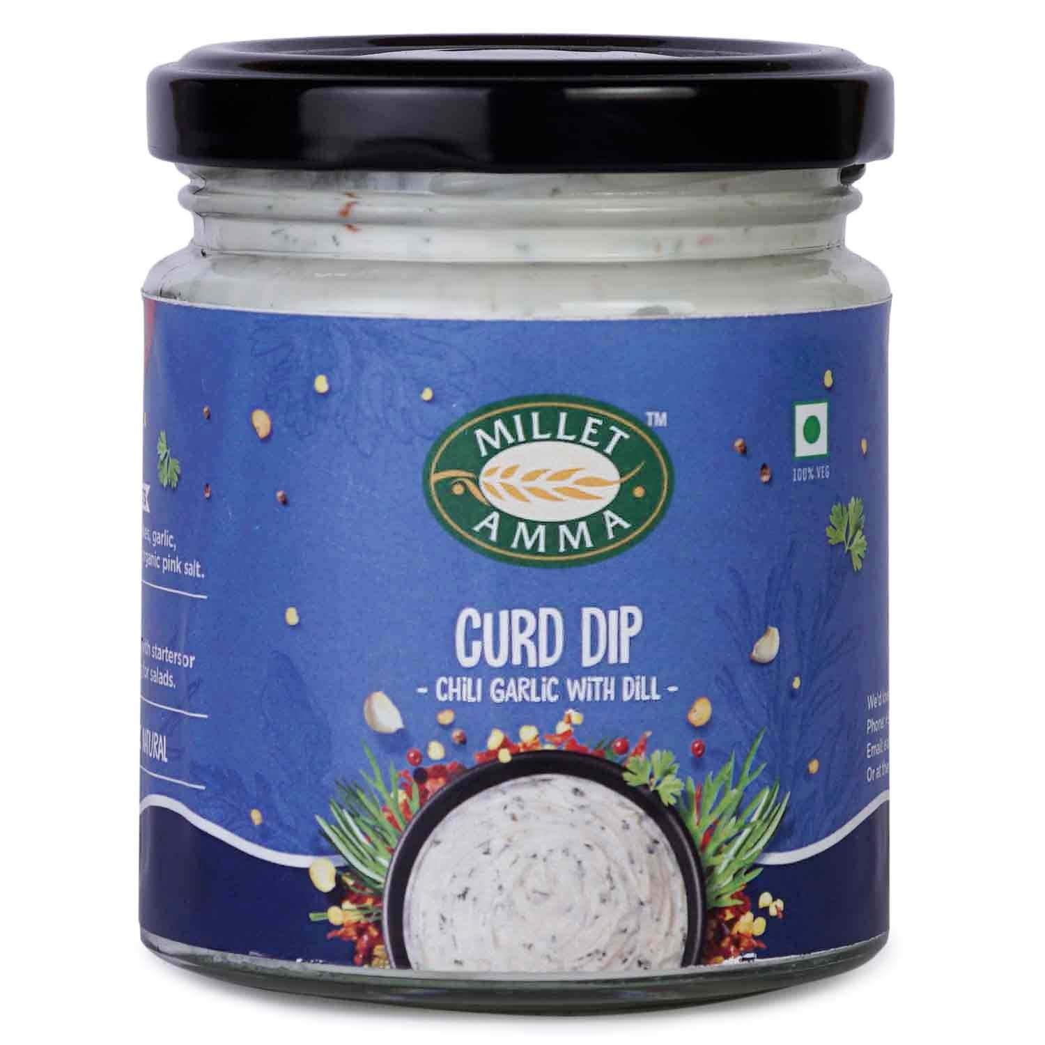 Millet Amma’s Organic Chili Garlic Dil Curd Dip- Are you sick of eating healthy snacks that have no flavor? Is every dip in the market full of grease and gunk? We’ve got you covered! Millet Amma’s Organic Chili Garlic Curd Dip is a yummy and versatile dip that also has the added benefit of helping with digestion.  Made from Curd, Chili Flakes and Dill Leaves, it is a perfect dip to make any healthy snack tasty.