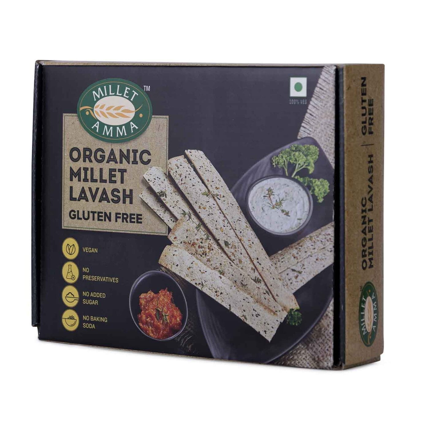 Millet Amma’s Gluten-free Millet Lavash The search for a healthy snack you can binge on is over, introducing our gluten free Millet Lavash. This is a delicious snack you can binge on, guilt-free!  Made with Super Grains like Little Millet, Amaranth and Tapioca Flour, it is loaded with fiber, protein, iron and calcium. Our Millet Lavash is baked and has no oil, sugar or preservatives.