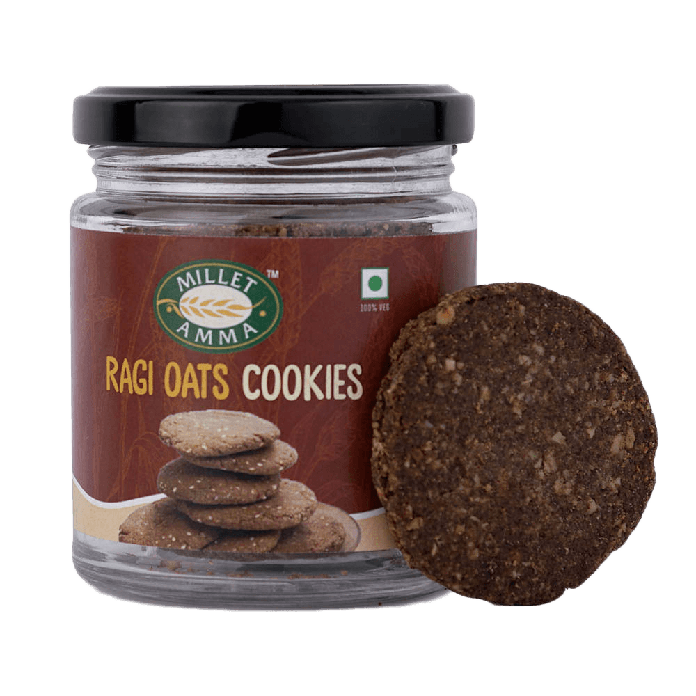 Millet Amma’s Ragi and Oats Cookies- A healthy crunch with every bite, introducing you to Millet Amma’s delicious Ragi and Oats Cookies.  Made from Ragi Millet, Oats, Jaggery and Coconut Oil, it is not only a delight to your taste buds but is also high in fiber and nourishing.  Ragi millet is rich in Calcium and has 3x more calcium than milk. They are also high in fiber and have no refined sugar or additives.