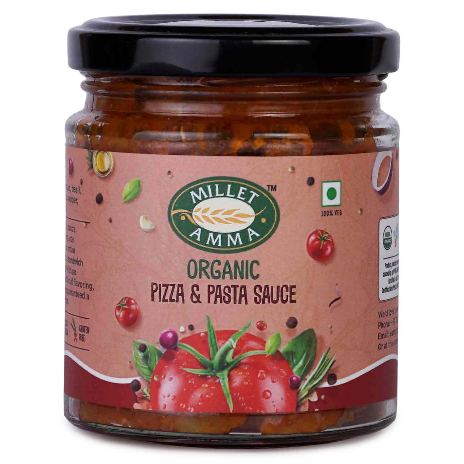 Millet Amma’s Pizza Pasta Sauce- A delicious Organic Pizza and Pasta Sauce that gives your dish a delicious Italian taste.  Made from Tomatoes, Spices and Capsicum this sauce has a great balance of flavors and a chunky spreadable consistenc