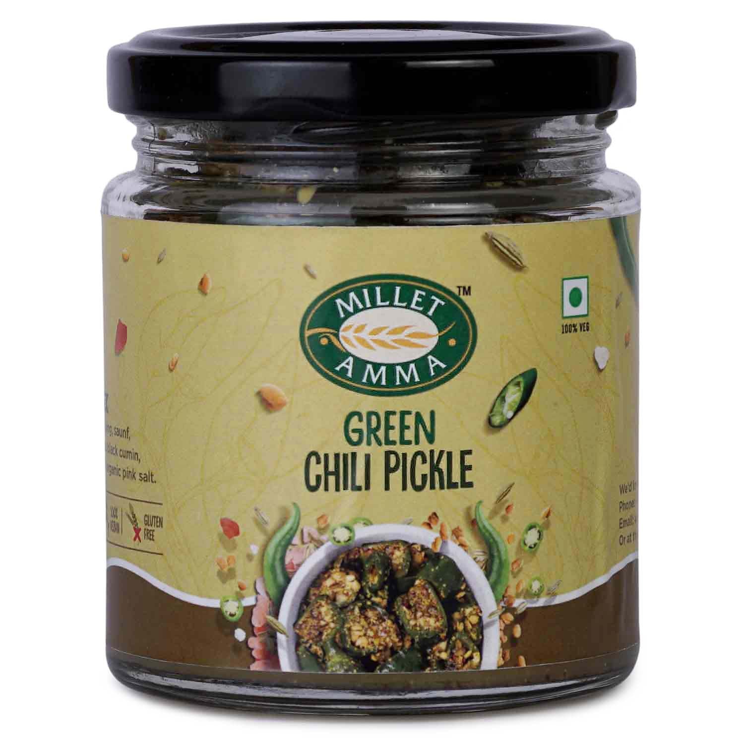 Millet Amma’s Green Chili Pickle- Millet Amma’s spicy and yummy Organic Green Chili Pickle is the best companion with any meal.  Made with premium quality Green Chilis, Mustard Seeds and Black Cumin, it is the only pickle in the market made without oil.