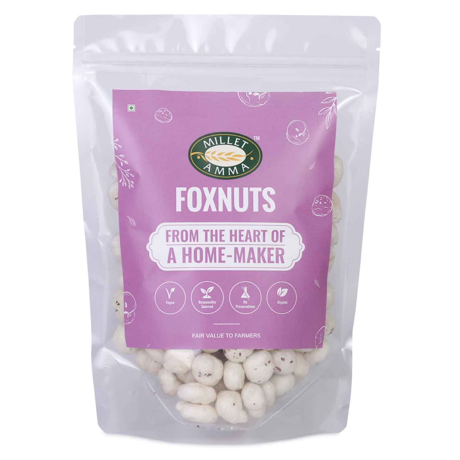 Millet Amma’s Organic Fox Nuts- Millet Amma’s Organic Fox Nuts also known as lotus seeds are rich in Magnesium and fiber.  Fox Nuts are an excellent source of several important nutrients that make it a good addition for a balanced and healthy diet.