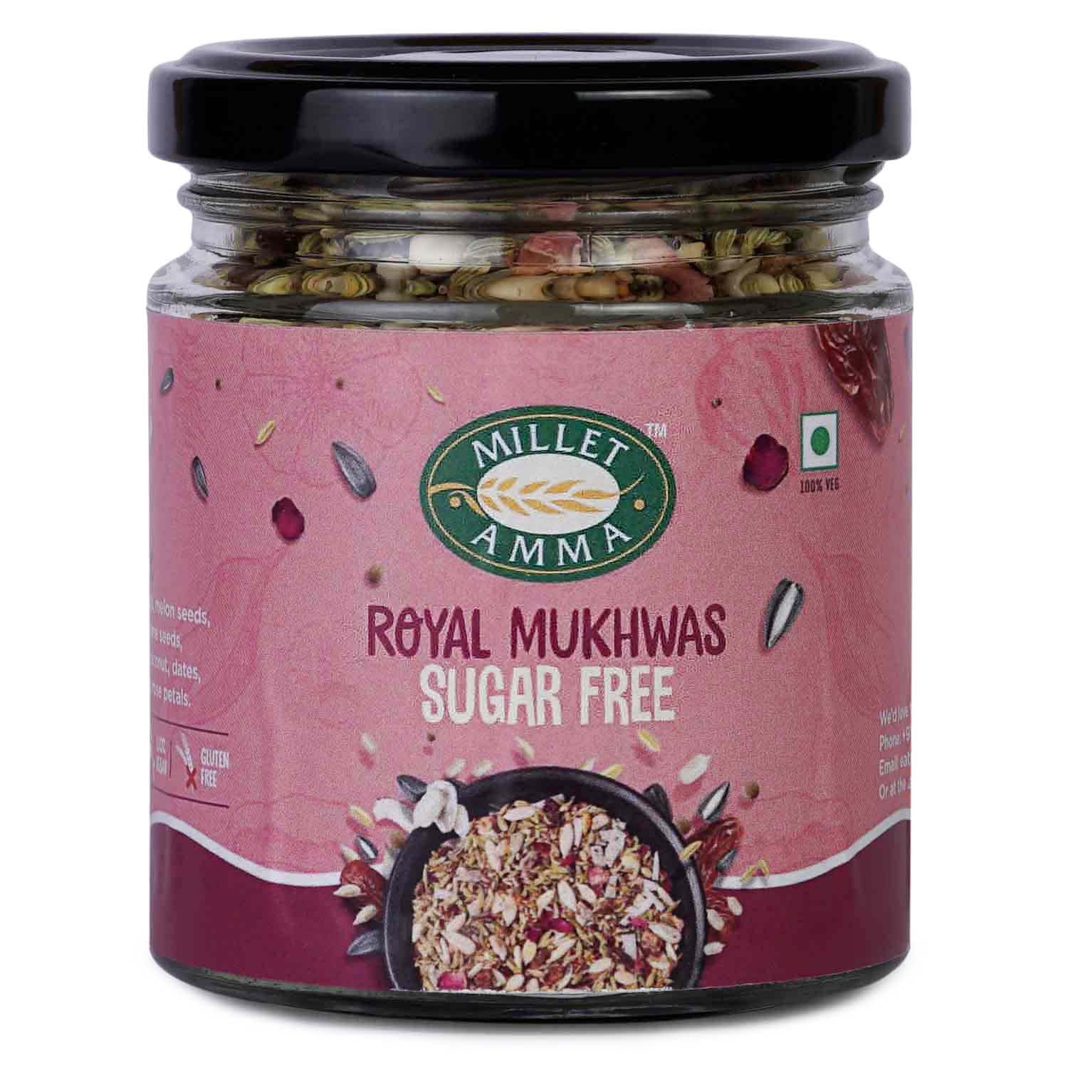 Millet Amma’s Royal Mukhwas Sugarfree- This nutritious Royal Mukhwas Sugarfree is a mixture of healthy seeds that help improve digestion.  Made from Sunflower Seeds, Melon Seeds and Flaxseeds, it is loaded with antioxidants that your body requires. The sugar free mukhwas is sweetened using dates.