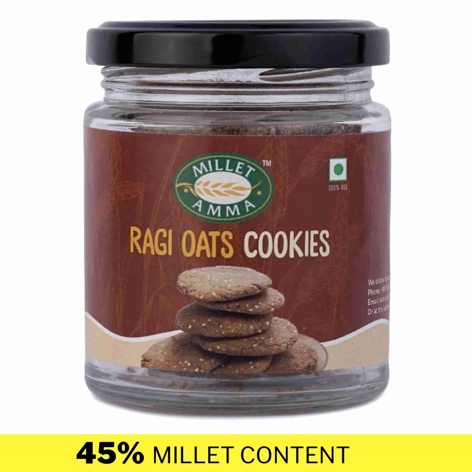 Millet Amma’s Ragi and Oats Cookies- A healthy crunch with every bite, introducing you to Millet Amma’s delicious Ragi and Oats Cookies.  Made from Ragi Millet, Oats, Jaggery and Coconut Oil, it is not only a delight to your taste buds but is also high in fiber and nourishing.  Ragi millet is rich in Calcium and has 3x more calcium than milk. They are also high in fiber and have no refined sugar or additives.