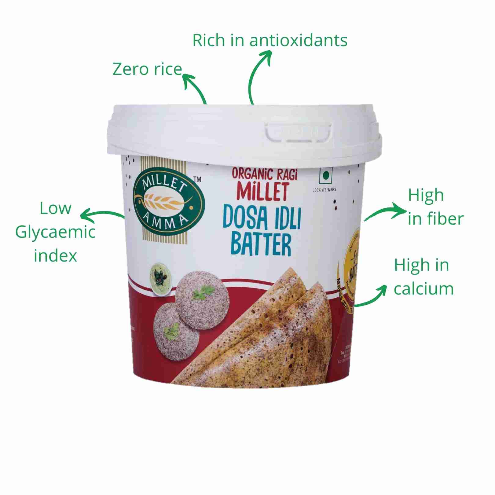 Millet Amma’s Organic Ragi Millet Batter- Who doesn’t love Idli and Dosa?Try our yummy Organic Ragi Millet Idli Dosa Batter for a yummy and healthy breakfast.  Made with Ragi millet and Urad dal, it aids with weight management, by keeping you satiated for longer.   Ragi millet has 3 times more Calcium than milk, it is high in fiber and amino acids, aids digestion and fortifies bone density. It is suitable for all ages.