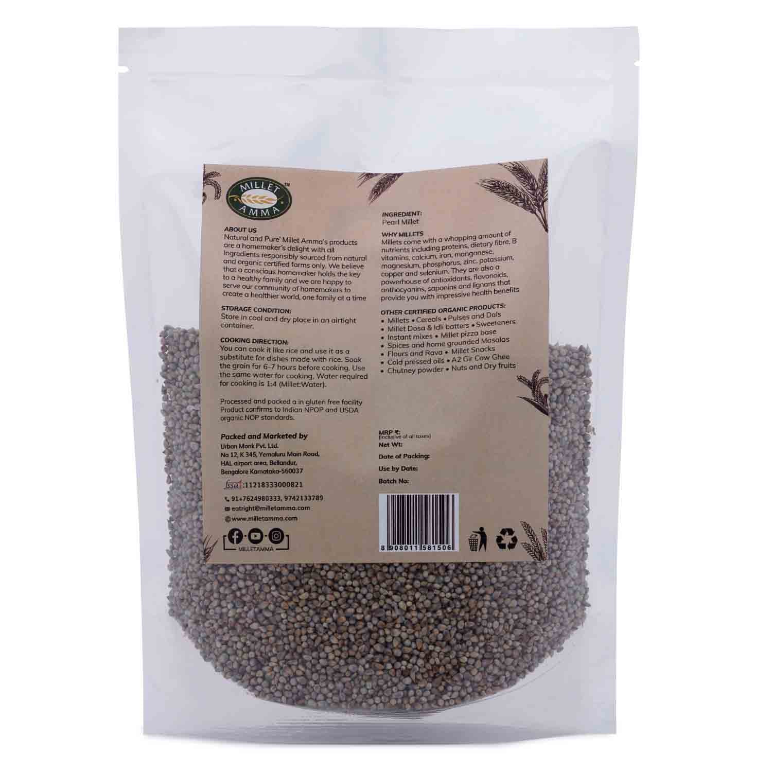 Millet Amma’s Organic Bajra Millet Grains- Millet Amma’s Organic Bajra(Pearl) Millet Grains are rich in magnesium which aids in better nervous function and energy production.  Unpolished Bajra Millets are a source of potassium and fiber. Potassium is one of the most important minerals required for the body.  You can make a variety of dishes with our Gluten-free Bajra Millet Grains like khichdi, idli, dosa, pancakes, cake and rotis.