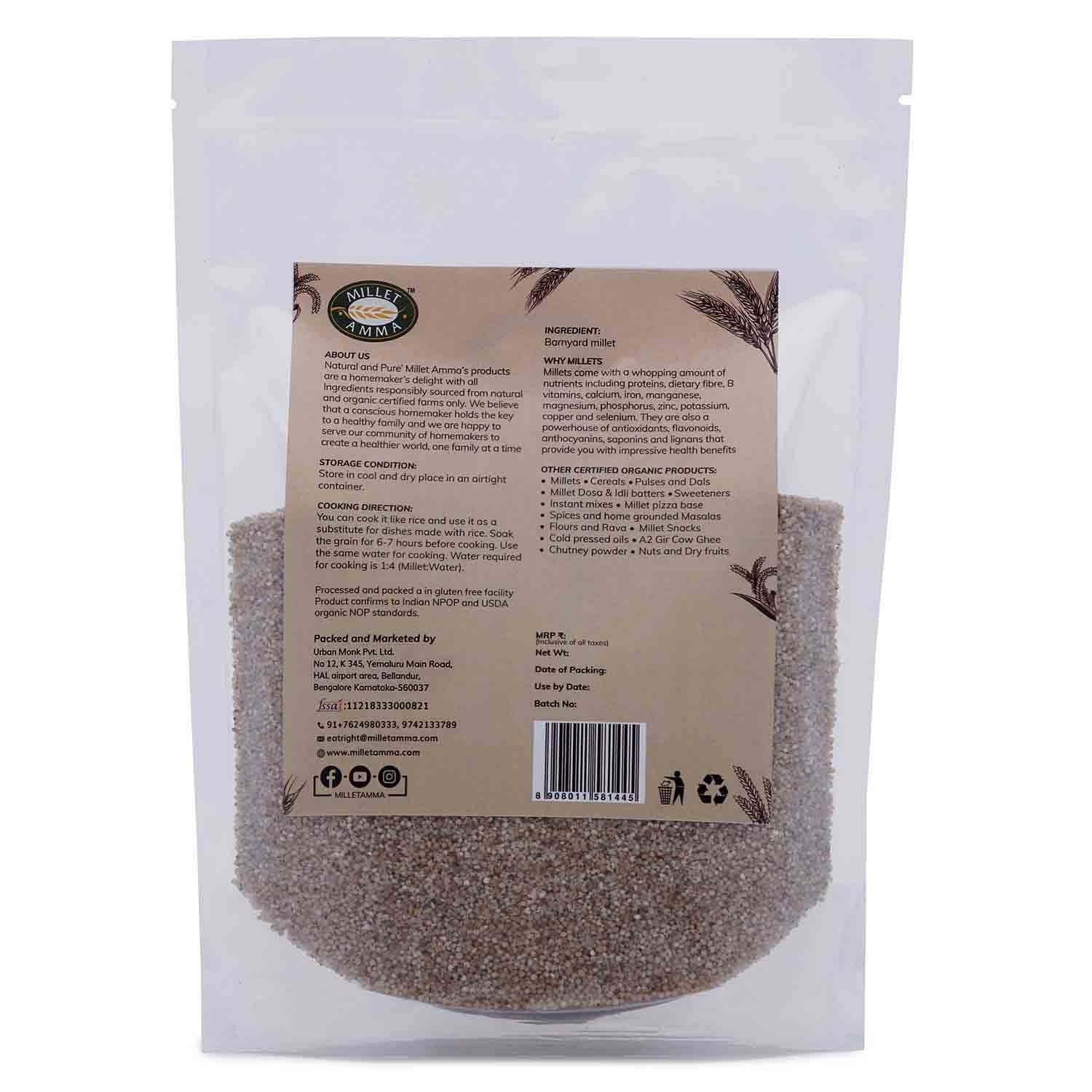 Millet Amma’s Organic Barnyard Millet Grains- Millet Amma’s Organic Barnyard Millet Grains are a rich source of dietary fibers.  Sourced with premium unpolished Barnyard Millets, it is a good source of fiber, iron, zinc and potassium.  Barnyard Millet is a known replacement for rice, you can use it to make all the dishes you normally use rice for. It is an ideal option for people following a millet diet; it also aids in weight management.