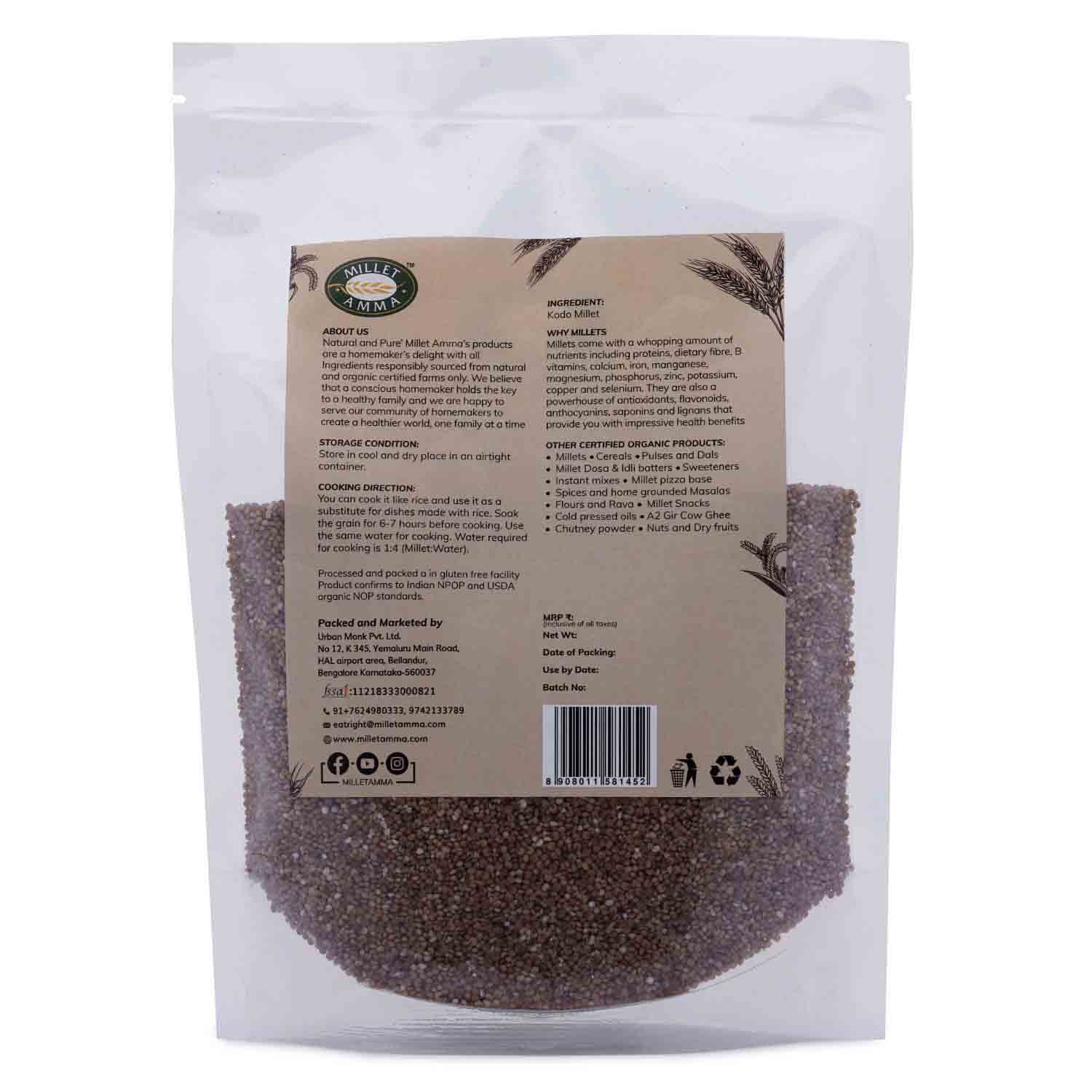Millet Amma’s Organic Kodo Millet- Millet Amma’s Organic Kodo Millets are a rich source of Vitamin B.  These unpolished Kodo Millets are loaded with antioxidants that aid in weight management and in regulating your glucose and cholesterol levels.  You can make a variety of gluten free dishes with Kodo Millet like pulao, pongal, khichdi, salads, stir-fry and so much more.