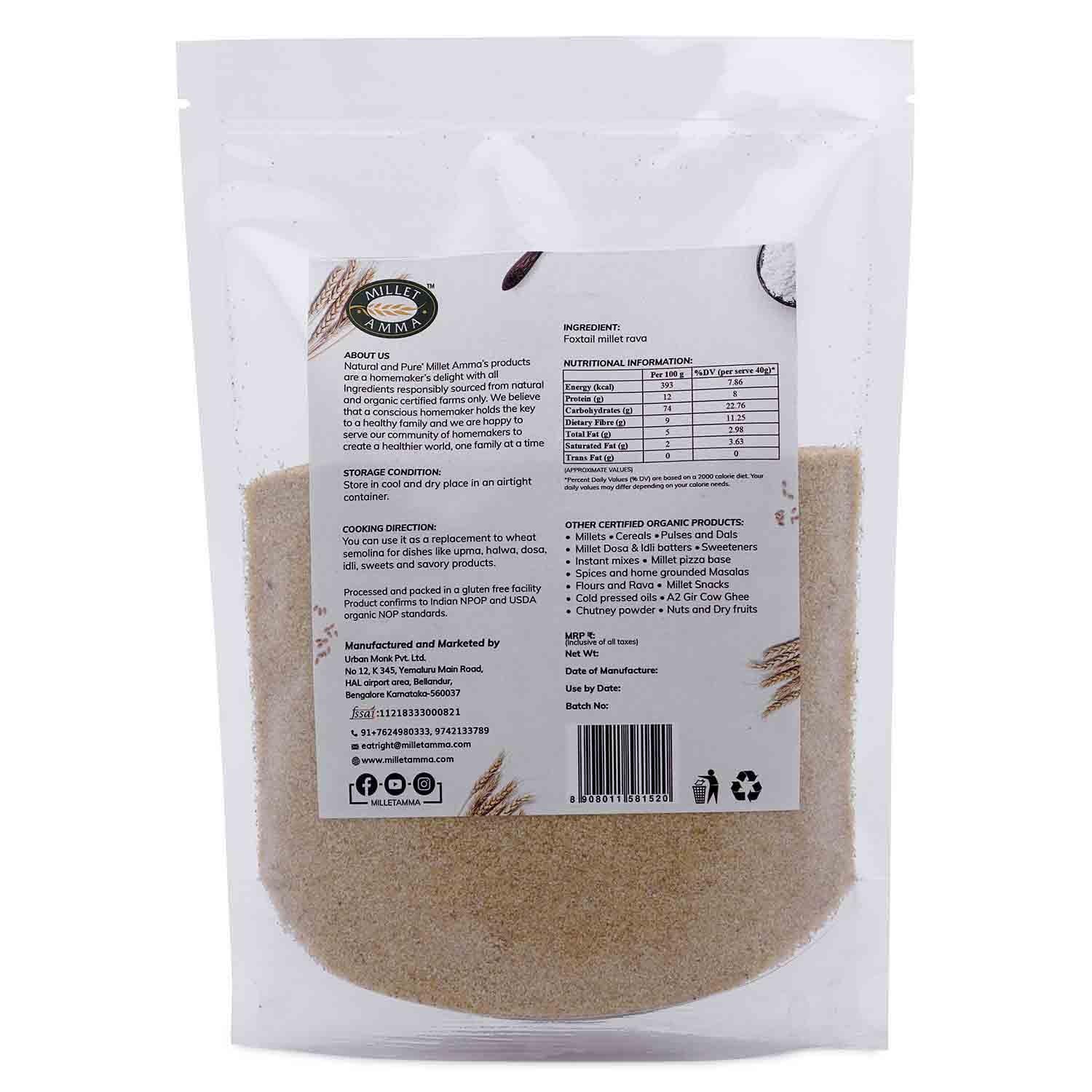 Foxtail Millet Rava Organic 500gm | Foxtail Millet Rava - Millet Amma