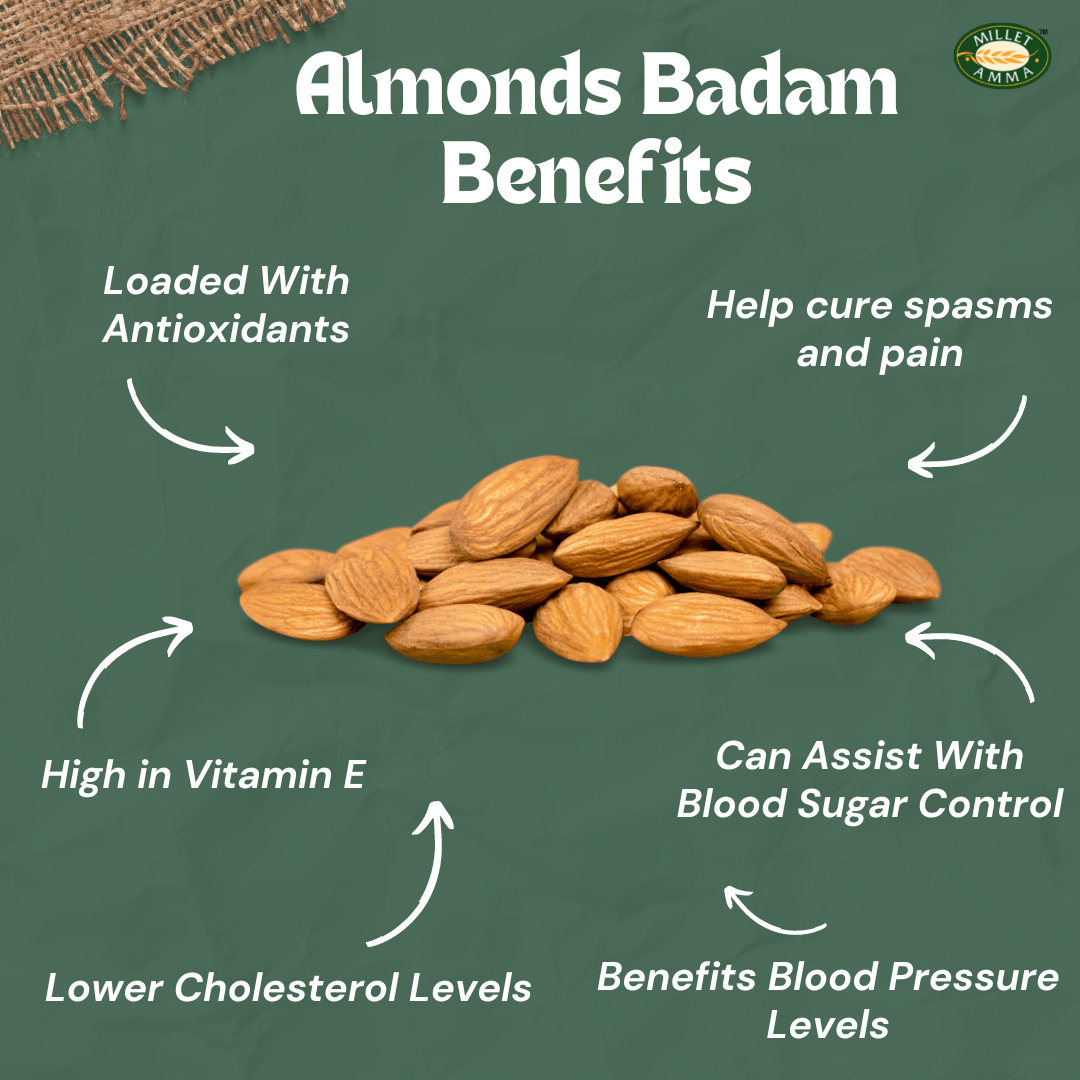 Millet Amma Organic Almonds Badam 250 Gms | Rich in Fiber & Boost Immunity  | 100% Vegan & Gluten Free Desserts & Salads